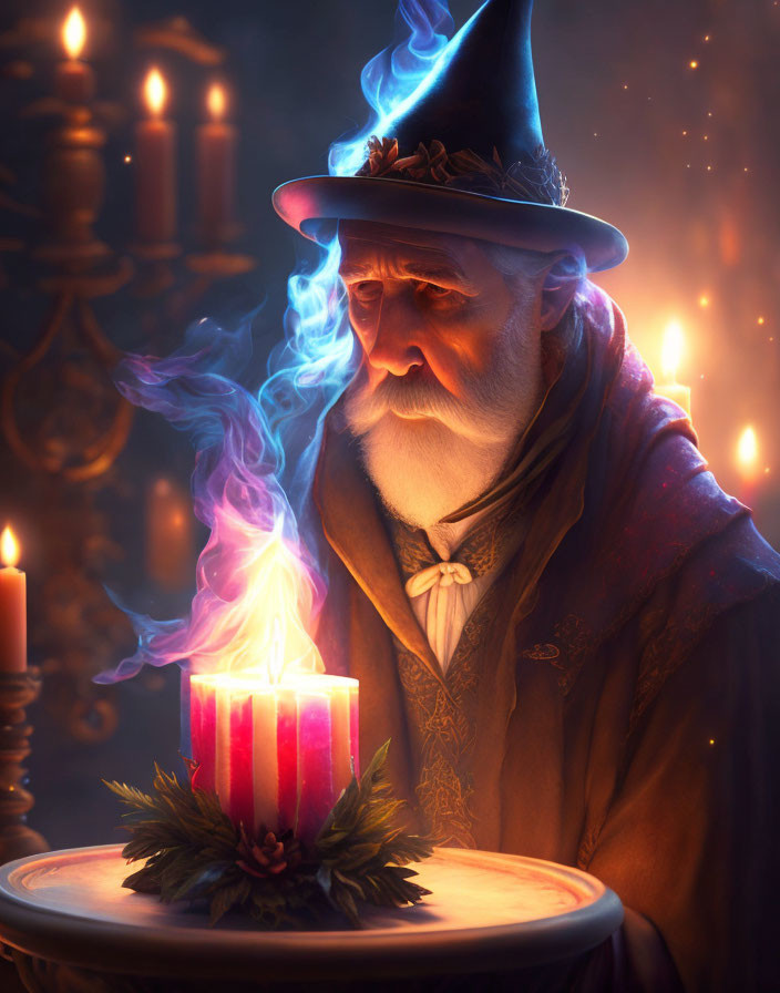 Elderly wizard with white beard and blue hat gazes at flaming candle
