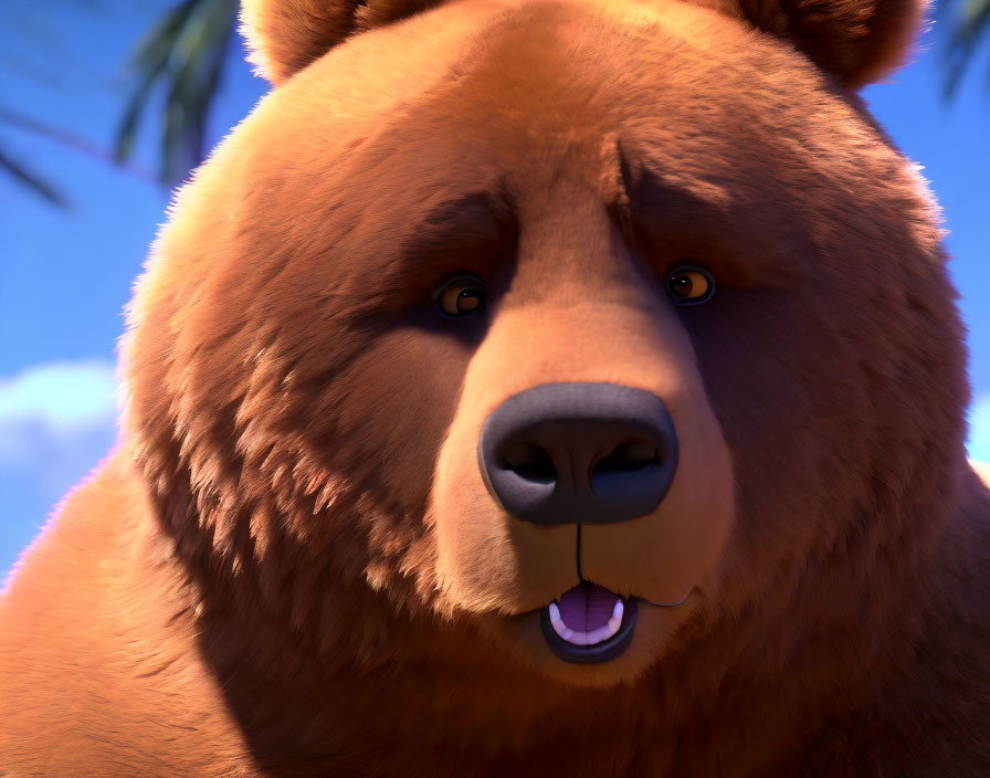 Detailed Close-Up of Concerned Brown Bear Against Soft-Focus Sky