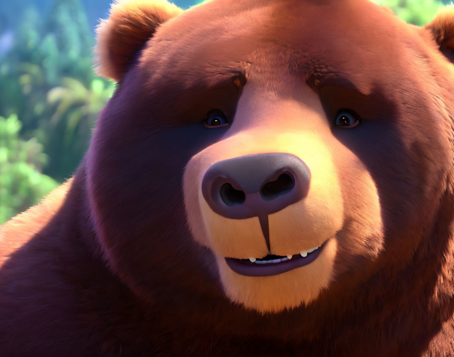Smiling 3D animated bear in lush green forest
