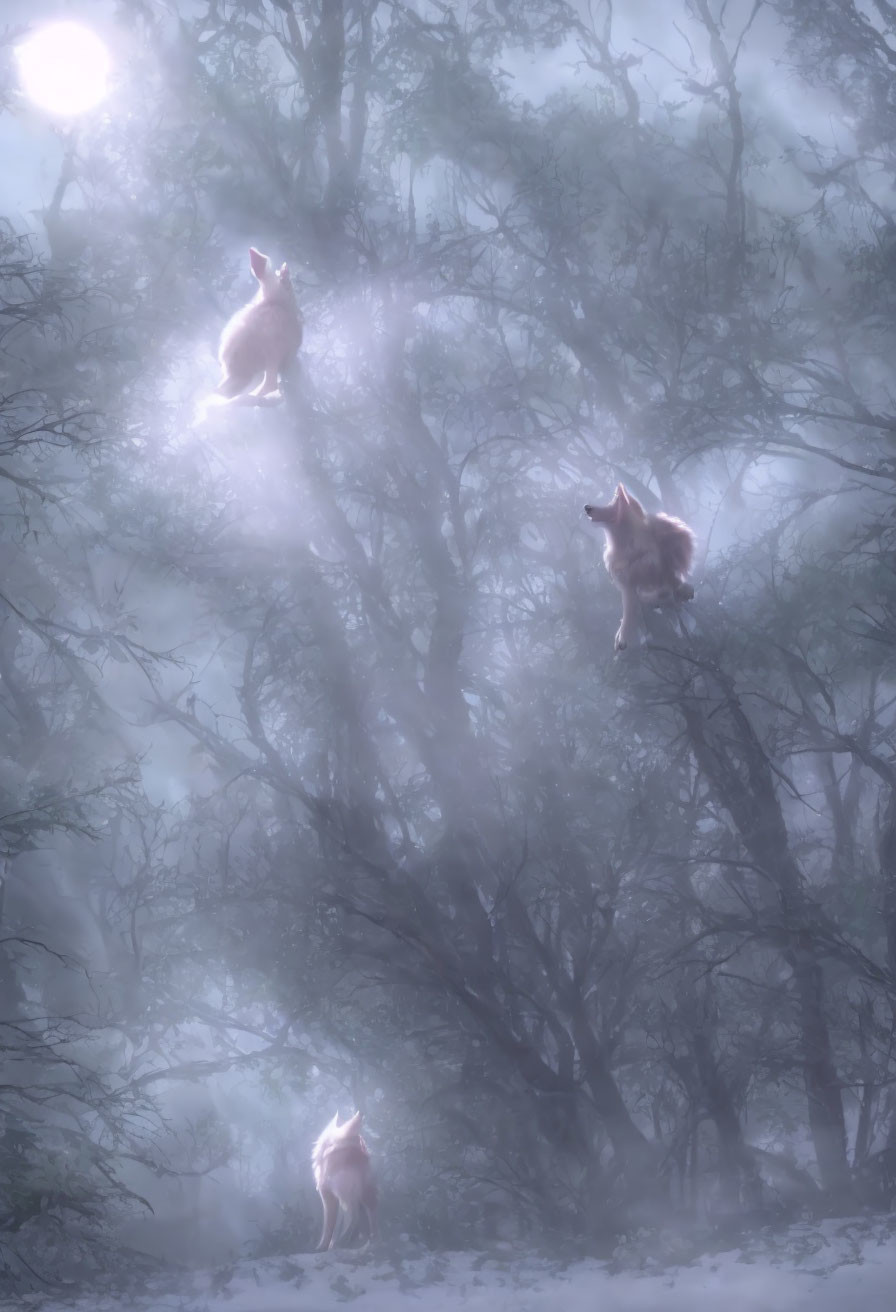 Ethereal deer in celestial glow in misty snow forest