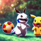 Animated Pikachu and Pichu with Poké Ball in grassy area
