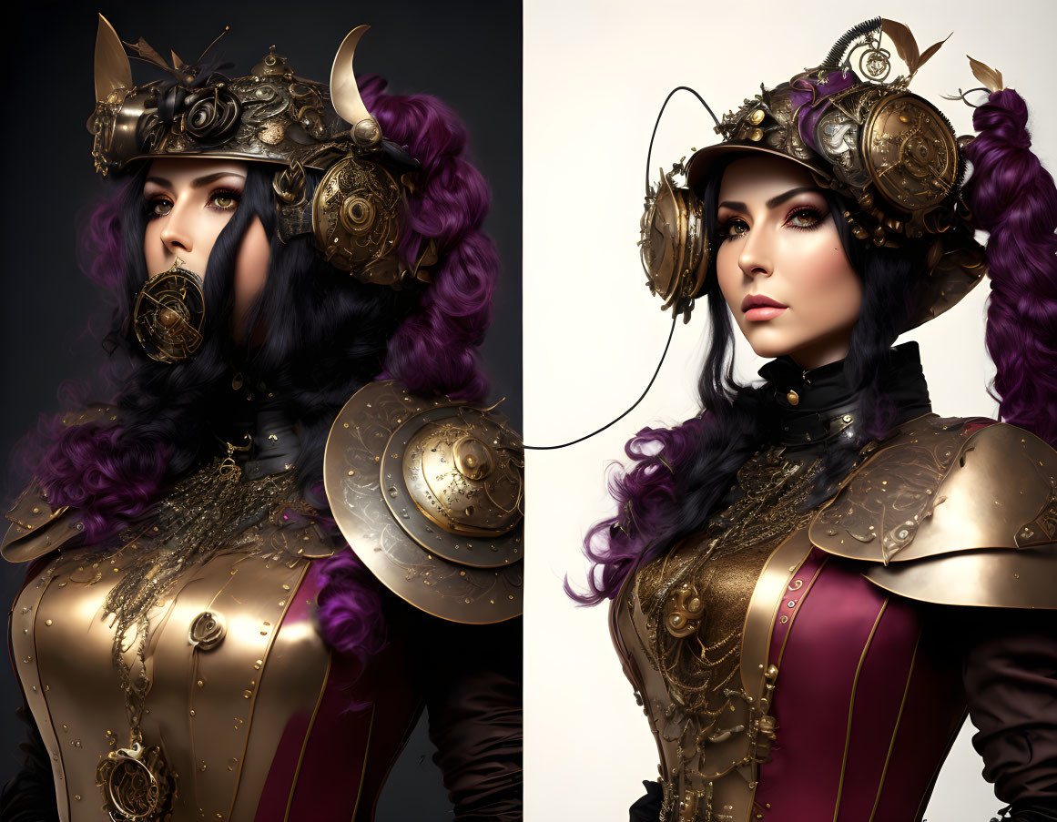 Purple-haired woman in steampunk helmet and armor with golden details
