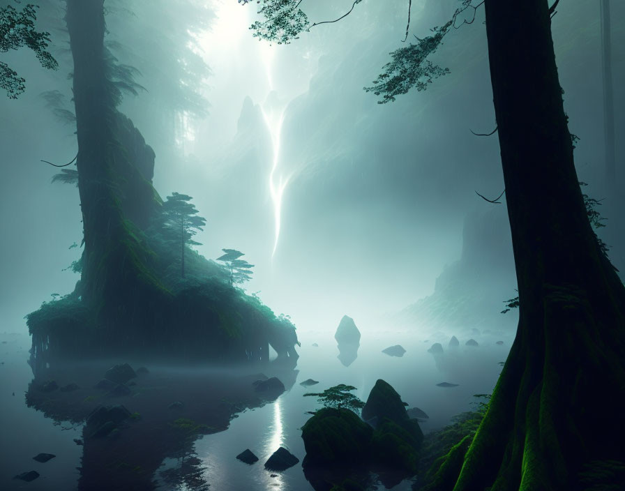 Sunlight illuminates foggy forest with moss-covered trees & rocks