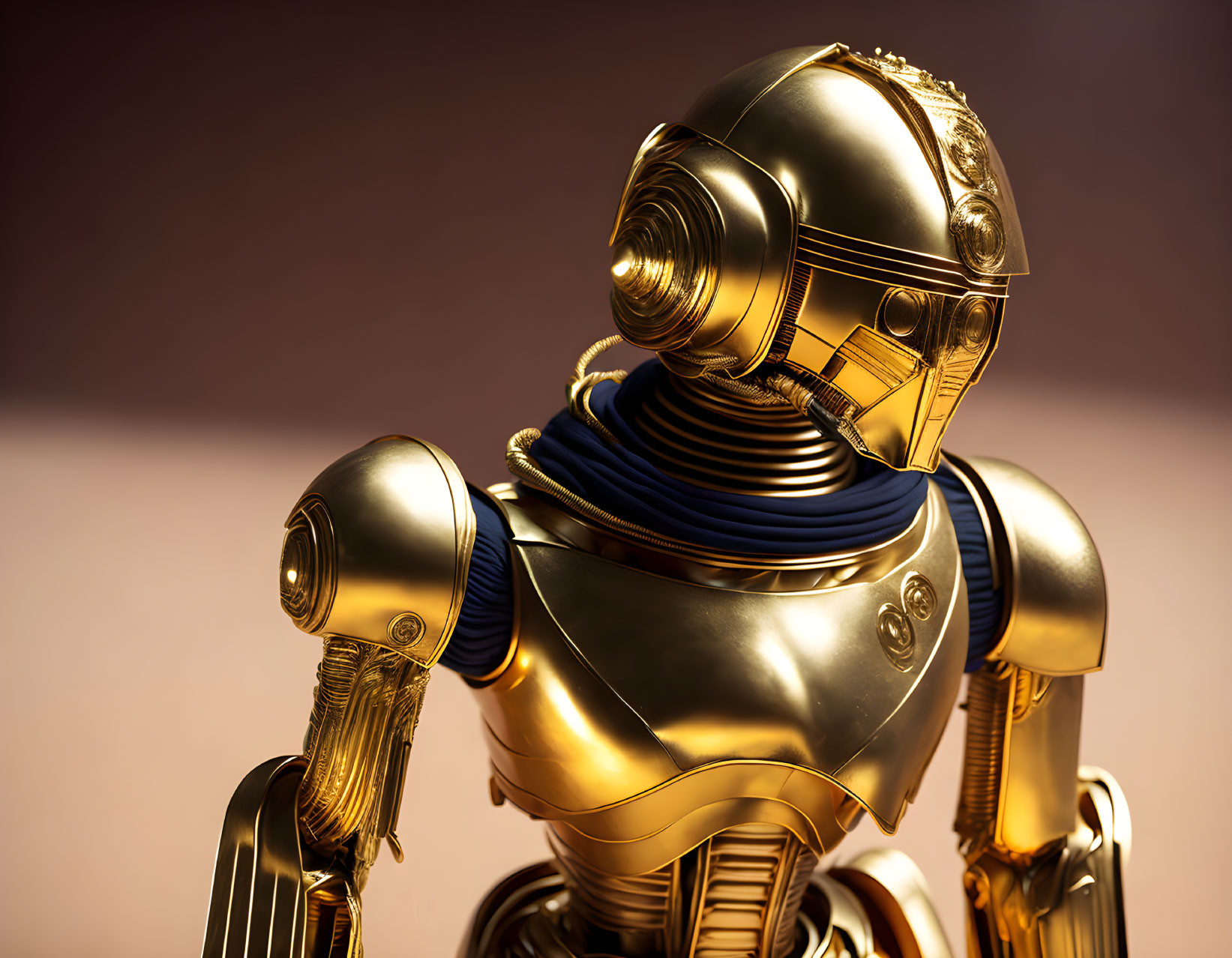 Golden humanoid robot with intricate designs and blue scarf on warm backdrop
