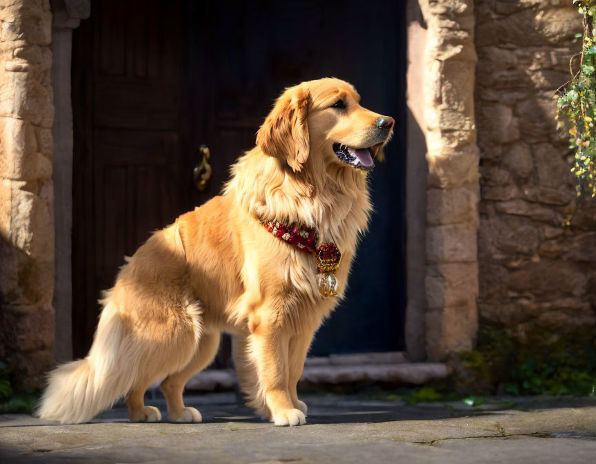Golden Retriever dog with red collar standing by dark wooden door