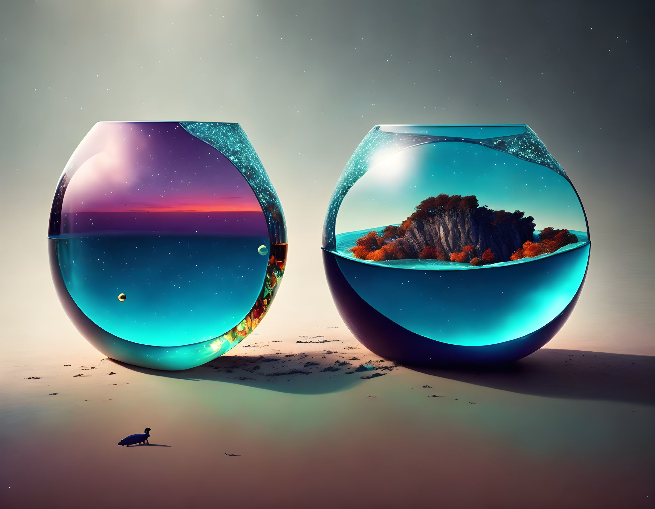 Surreal fishbowl with starry night and island scenes on sandy surface