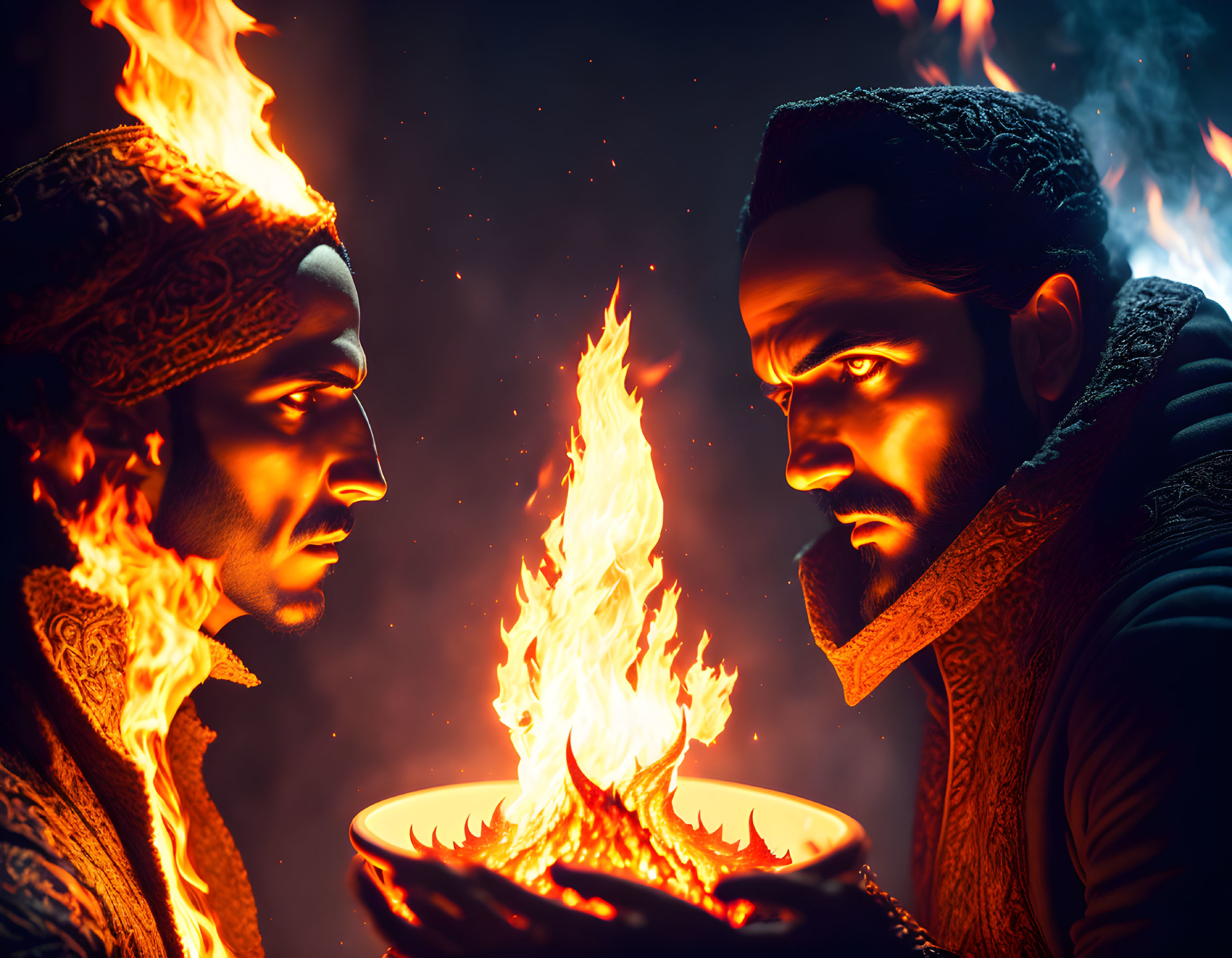 Two individuals in elaborate attire with intense expressions face each other over a bowl of fire