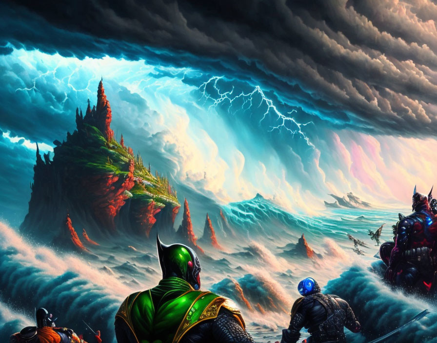 Armored warriors in stormy seas and vibrant landscape under dark sky