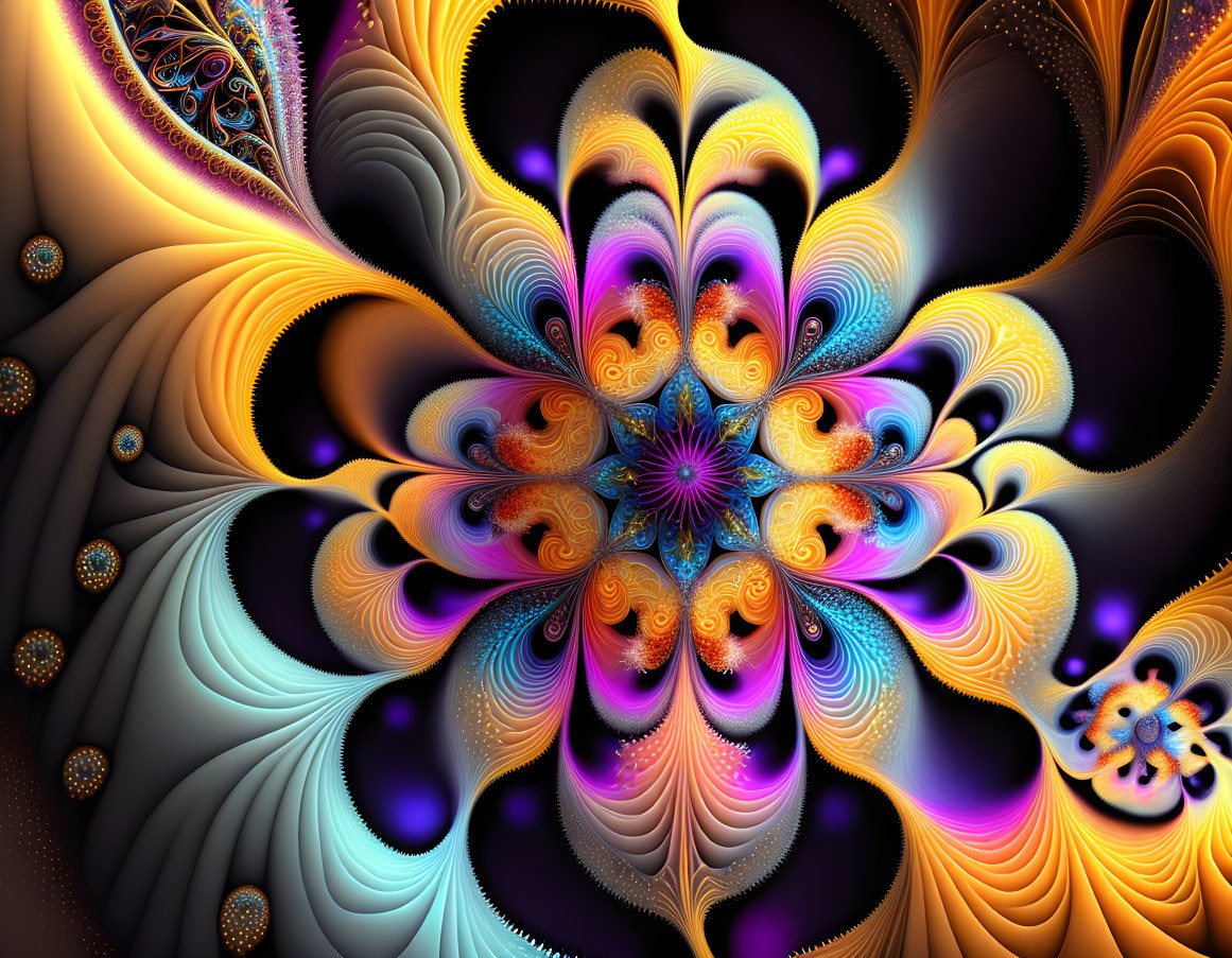 Colorful digital fractal image with intricate blue, orange, and black patterns