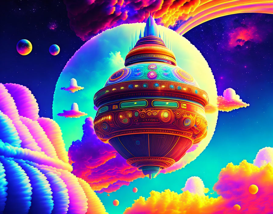 Colorful Space Scene with Alien Spaceship and Nebulous Clouds