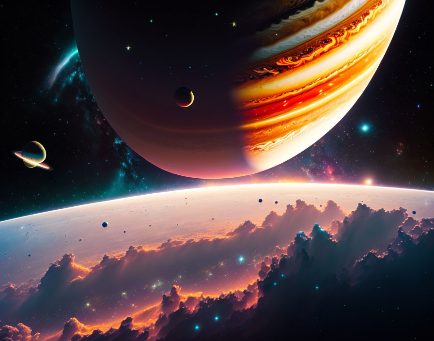 Detailed Space Scene with Planet, Rings, Moons, and Stars