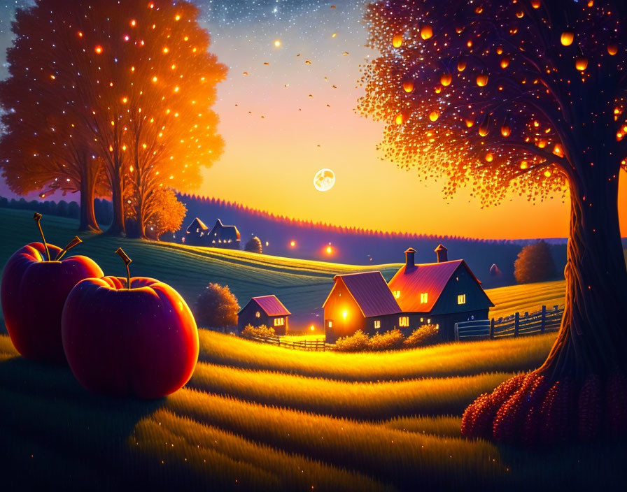 Illustration of rural twilight scene with oversized apples, glowing cottages, rolling hills, and starry