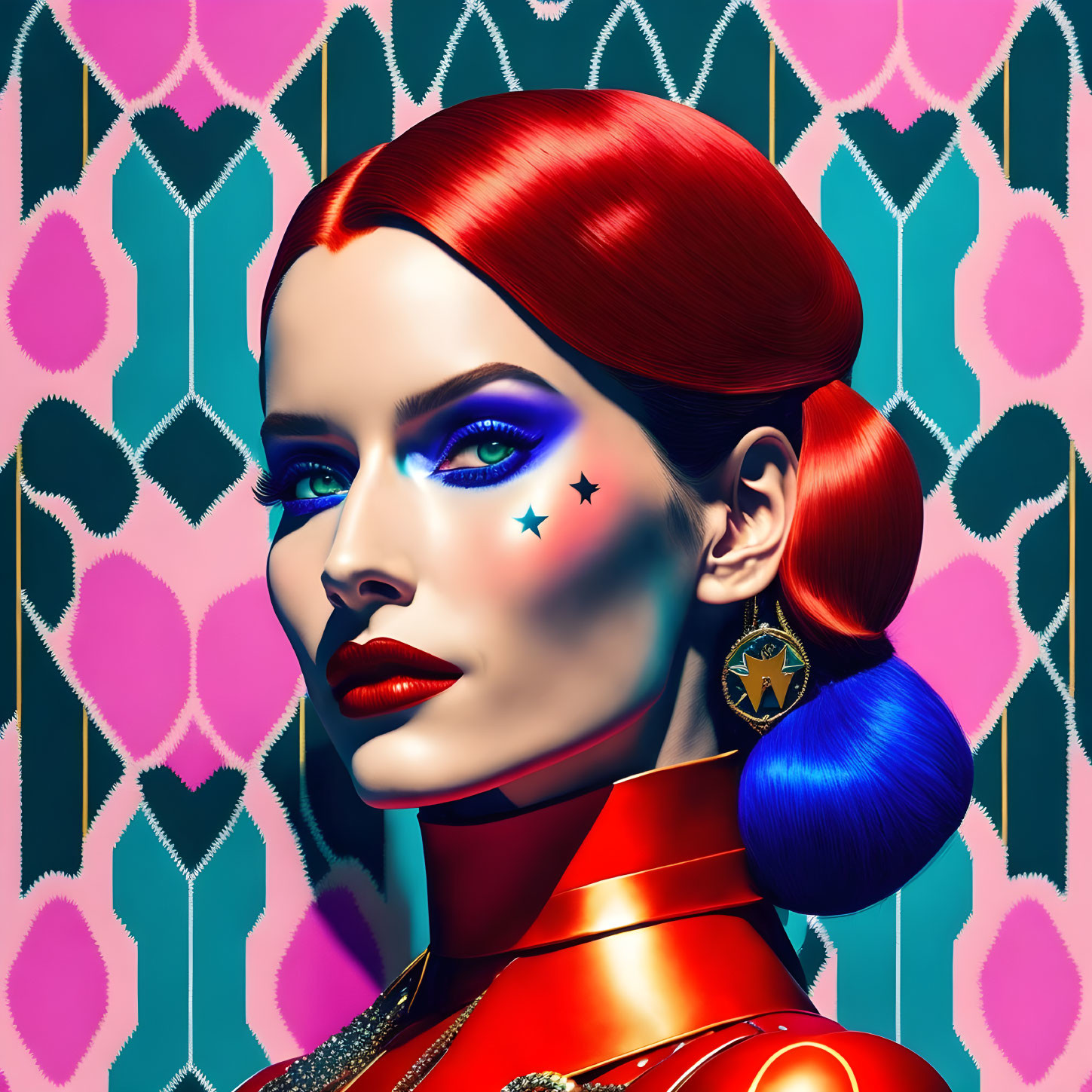 Colorful digital artwork of woman with red hair and stars on cheek