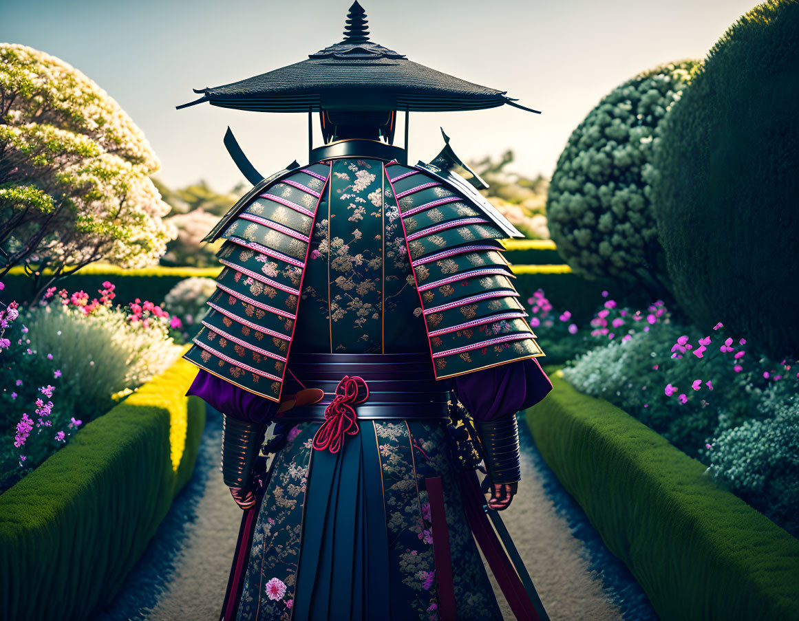 Samurai in ornate armor in vibrant Japanese garden
