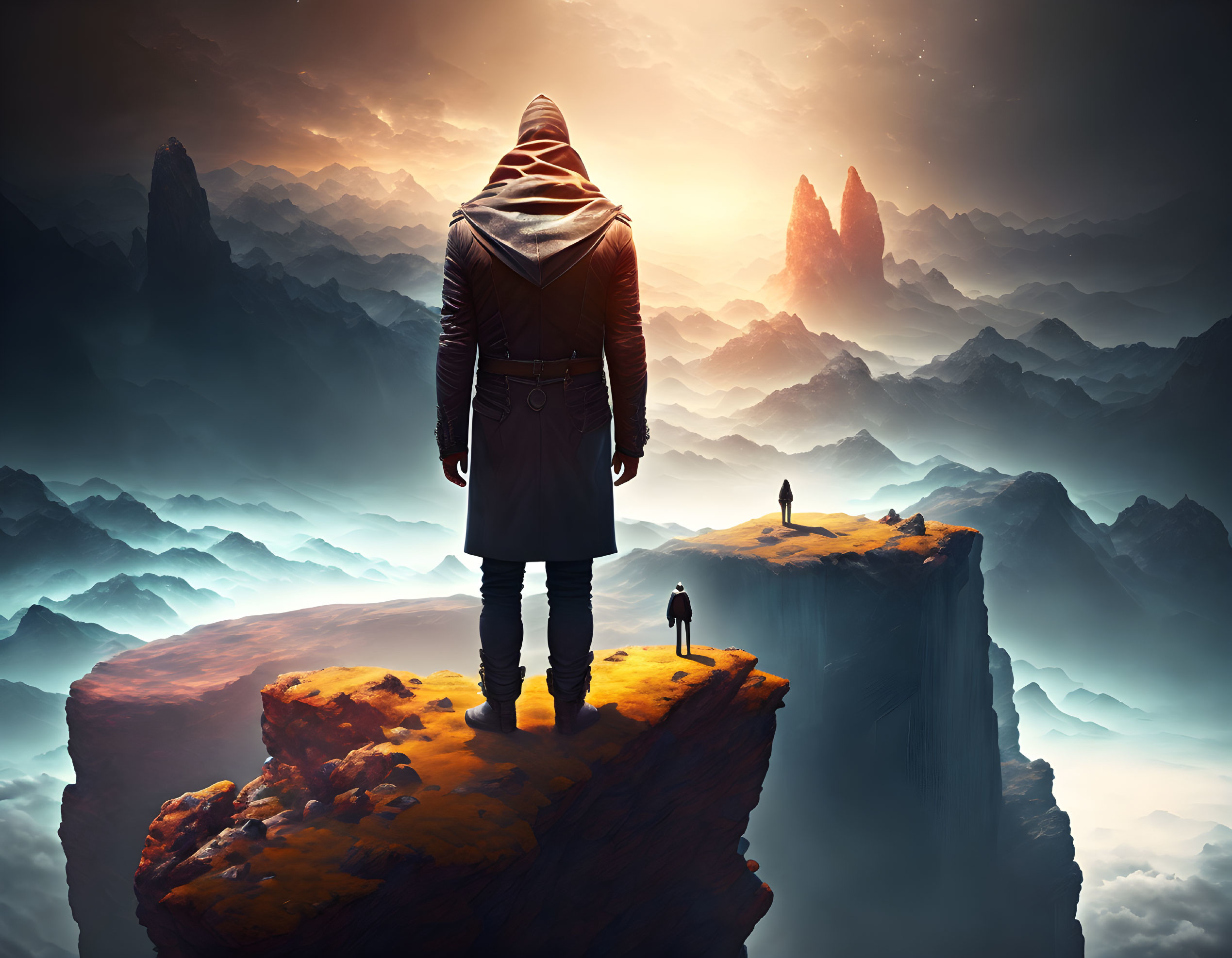 Hooded figure on cliff edge gazes at surreal landscape