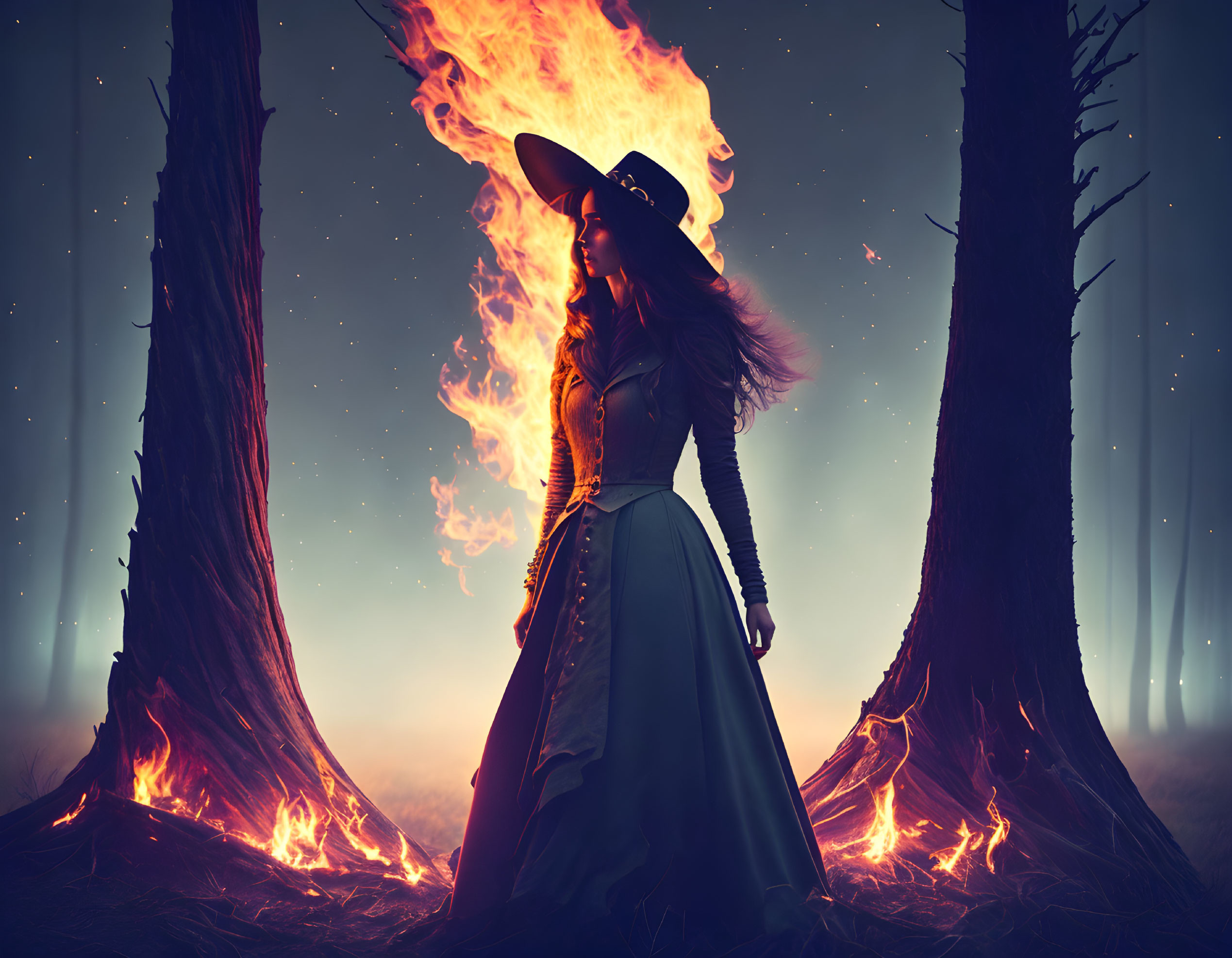 Person in witch-like costume surrounded by mysterious fire in dark forest