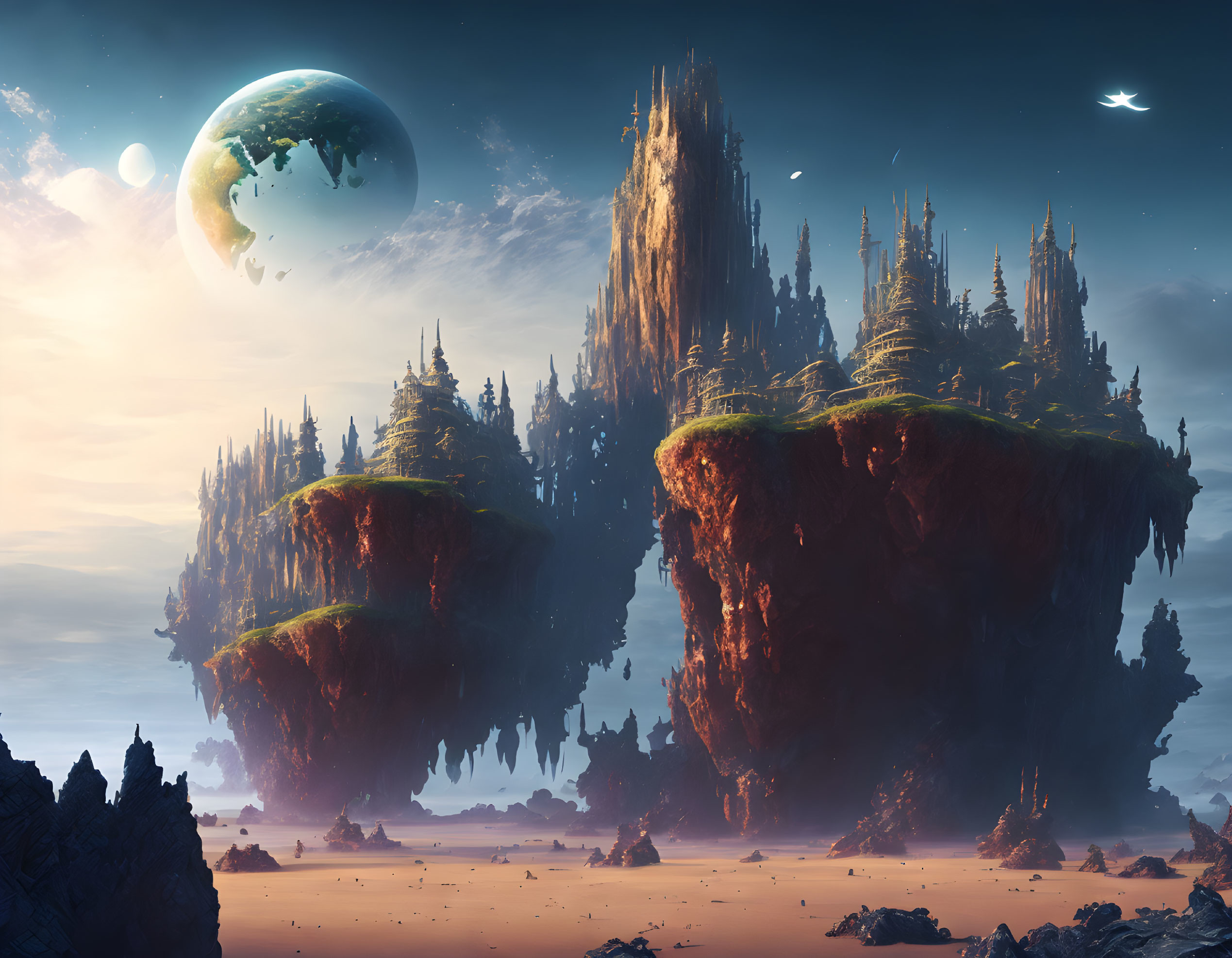 Fantastical landscape with floating islands, spires, forests, planet, and starship