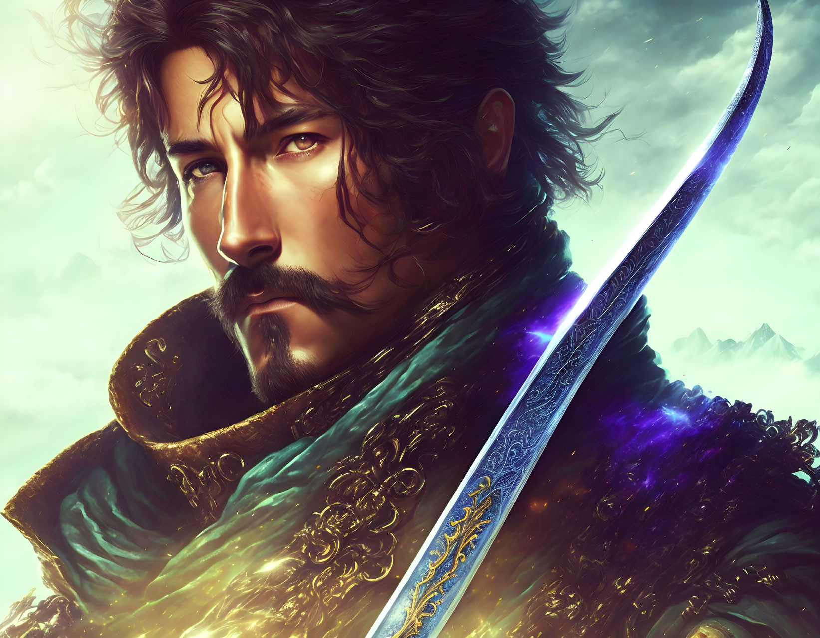 Fantasy warrior digital art: Bearded warrior with glowing sword in detailed armor.