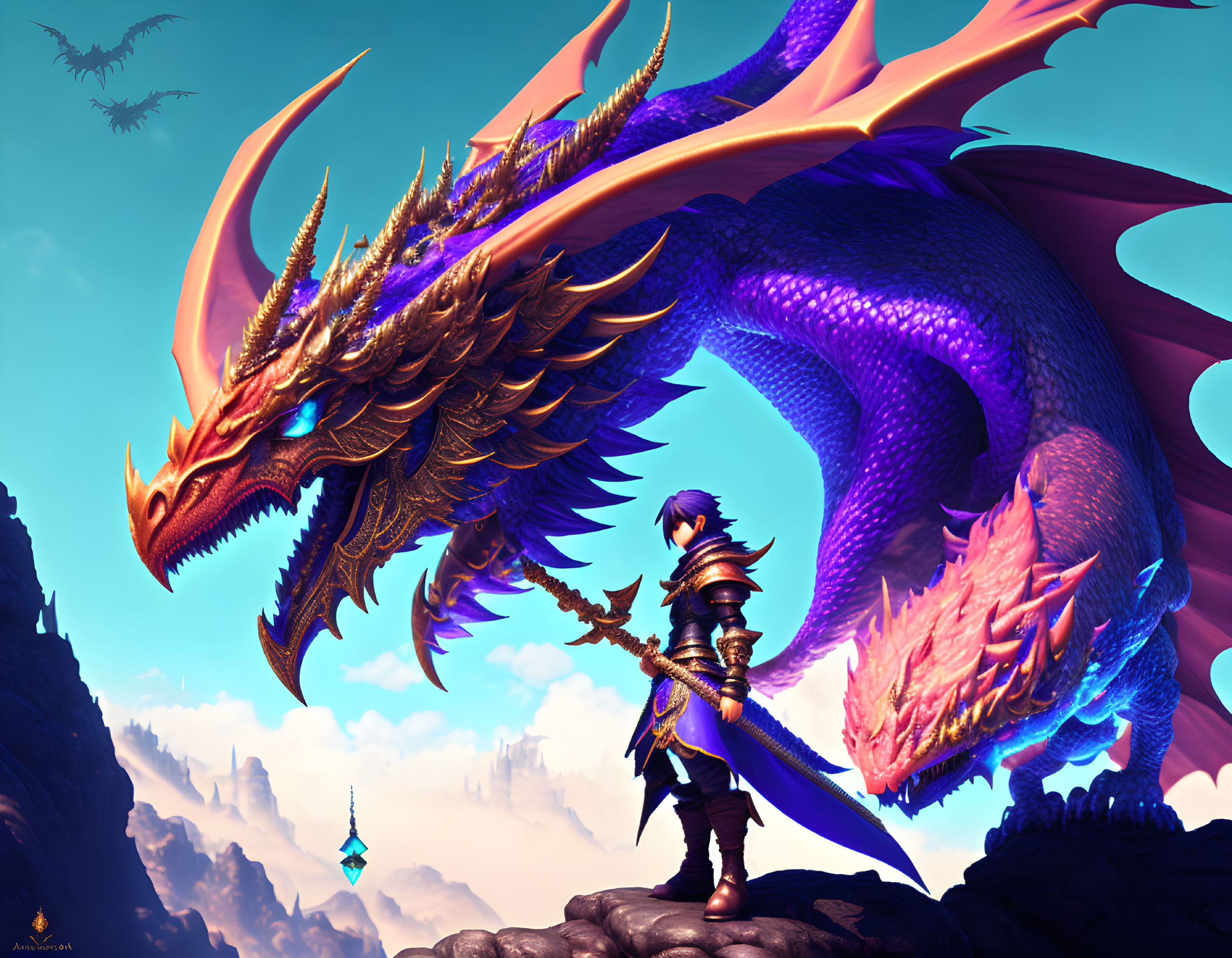 Colorful warrior and dragon illustration with mountain backdrop