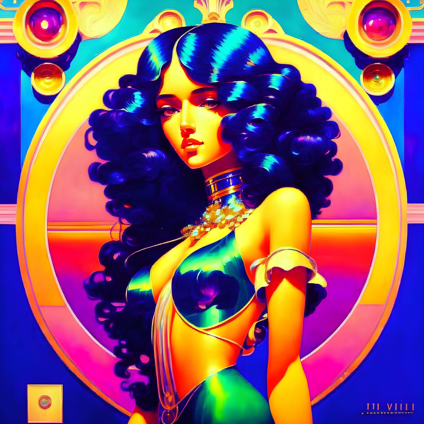 Colorful digital artwork of a woman with blue hair in celestial and art deco theme