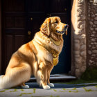 Golden Retriever dog with red collar standing by dark wooden door