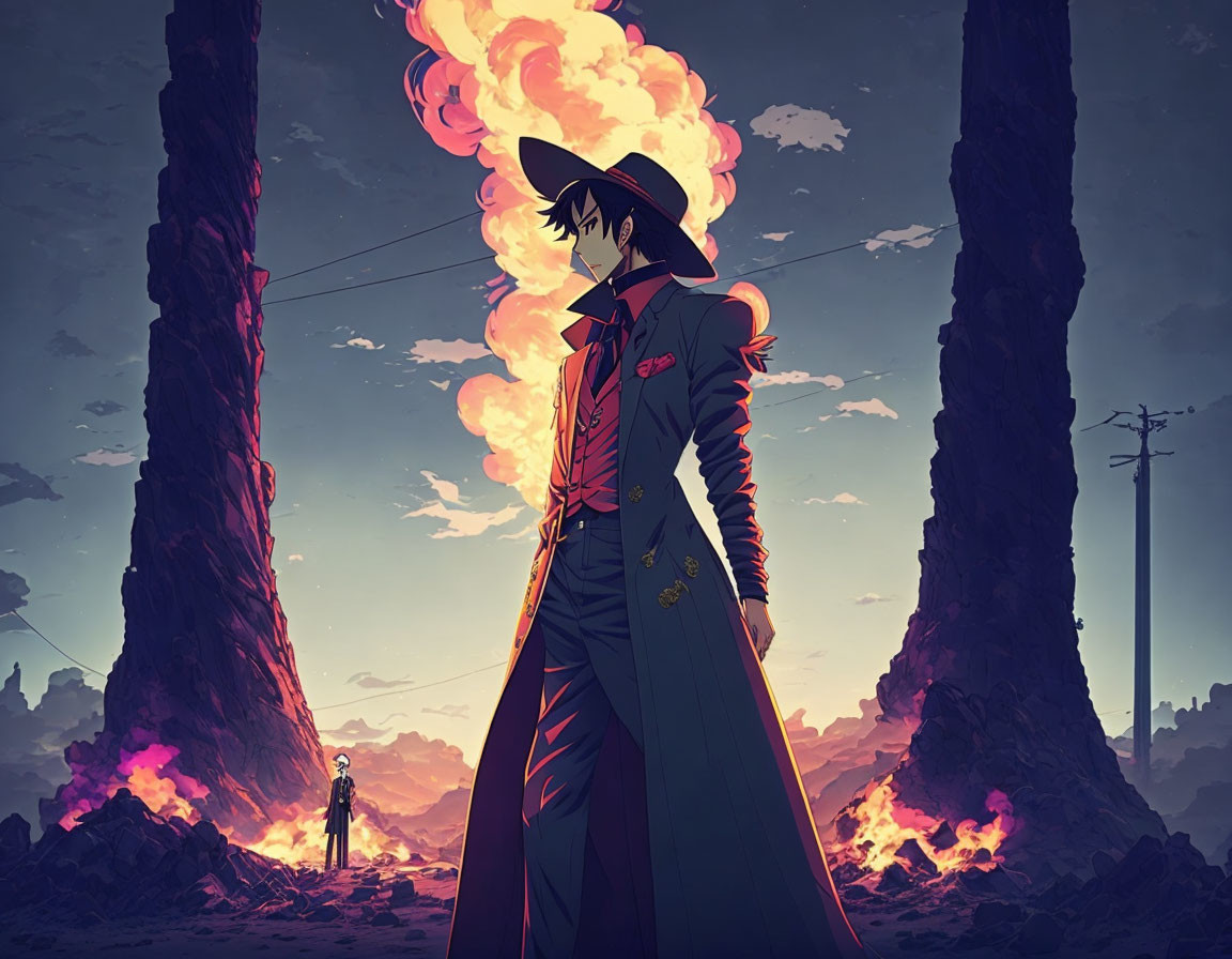Stylized animated image: Man in red suit in fiery landscape