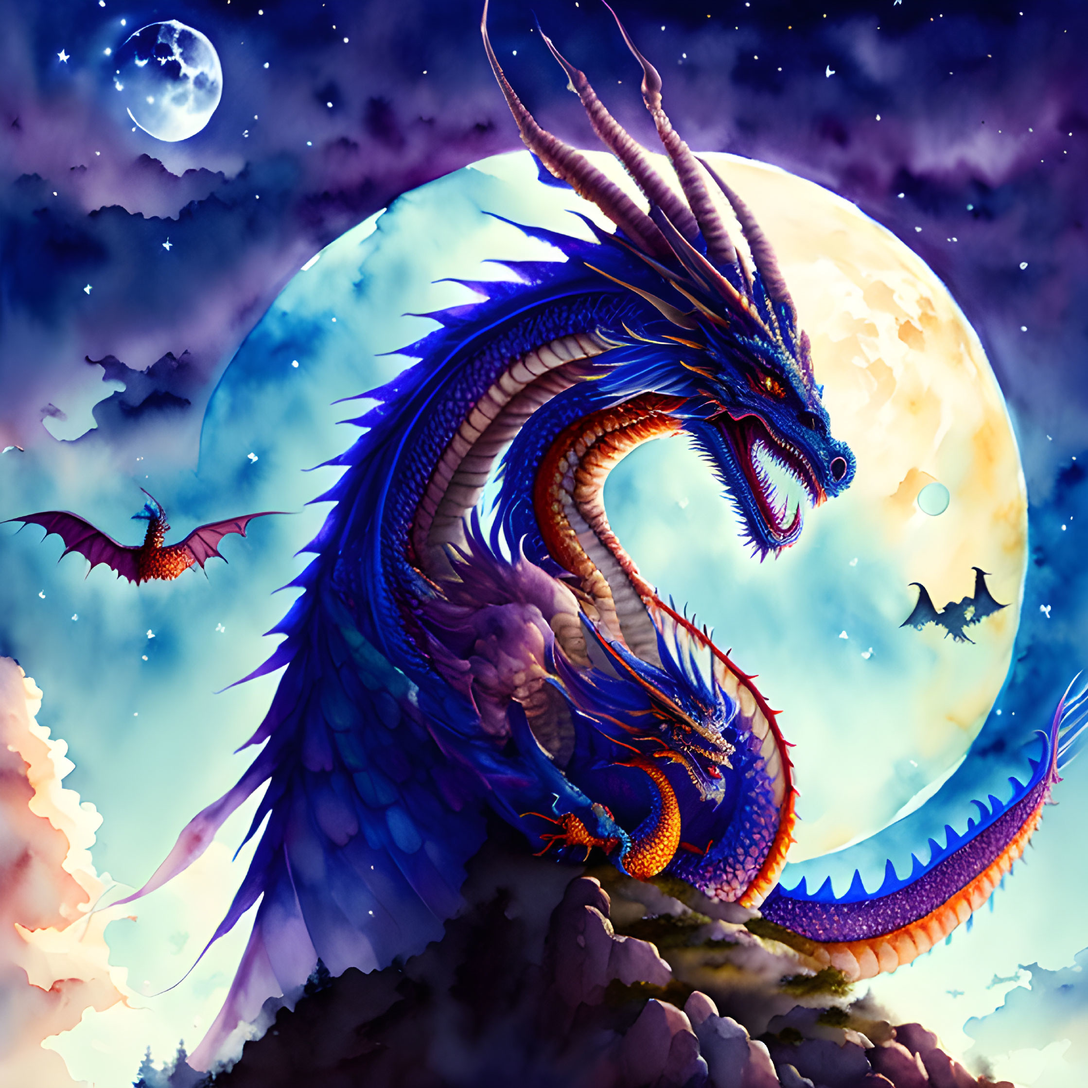 Majestic blue and orange dragon on cliff under twilight sky with full moon