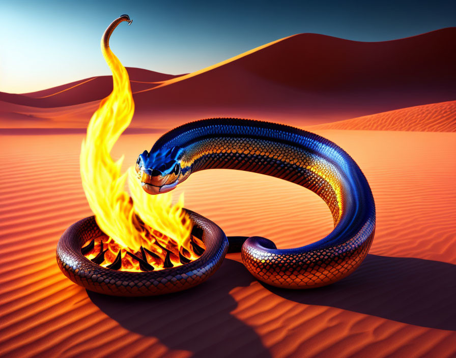 Blue and Black Snake Artwork with Flames on Orange Sand Dunes