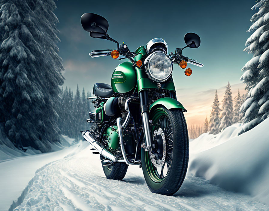 Green motorcycle on snowy road with trees and clear sky