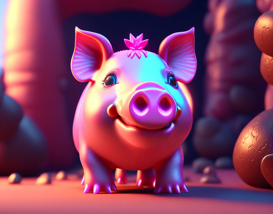 Colorful 3D illustration of a pink pig with glowing snout and flower, in moody