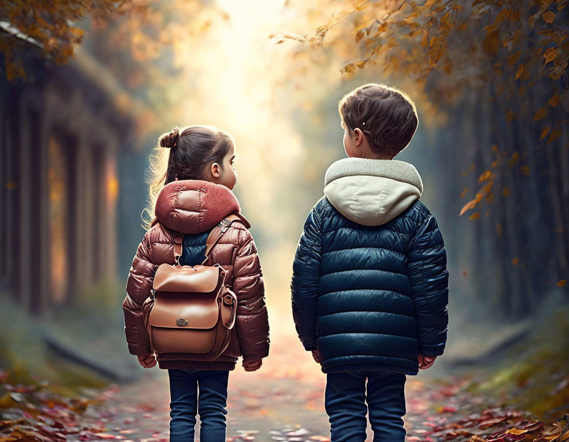 Two children with backpacks in autumn forest scene