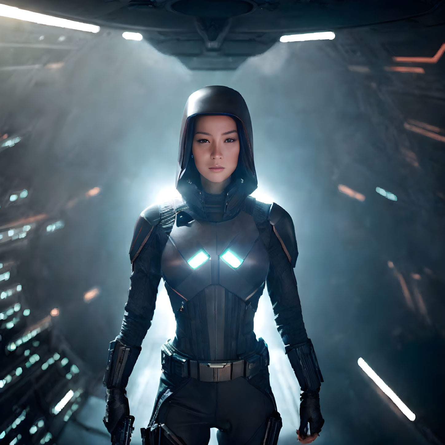 Futuristic armored woman in sci-fi corridor with glowing blue lights