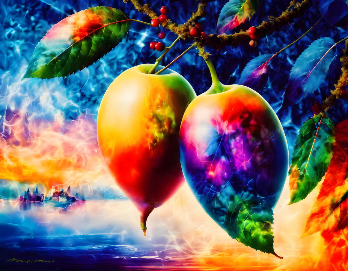 Colorful apples on branch against fiery watercolor backdrop.