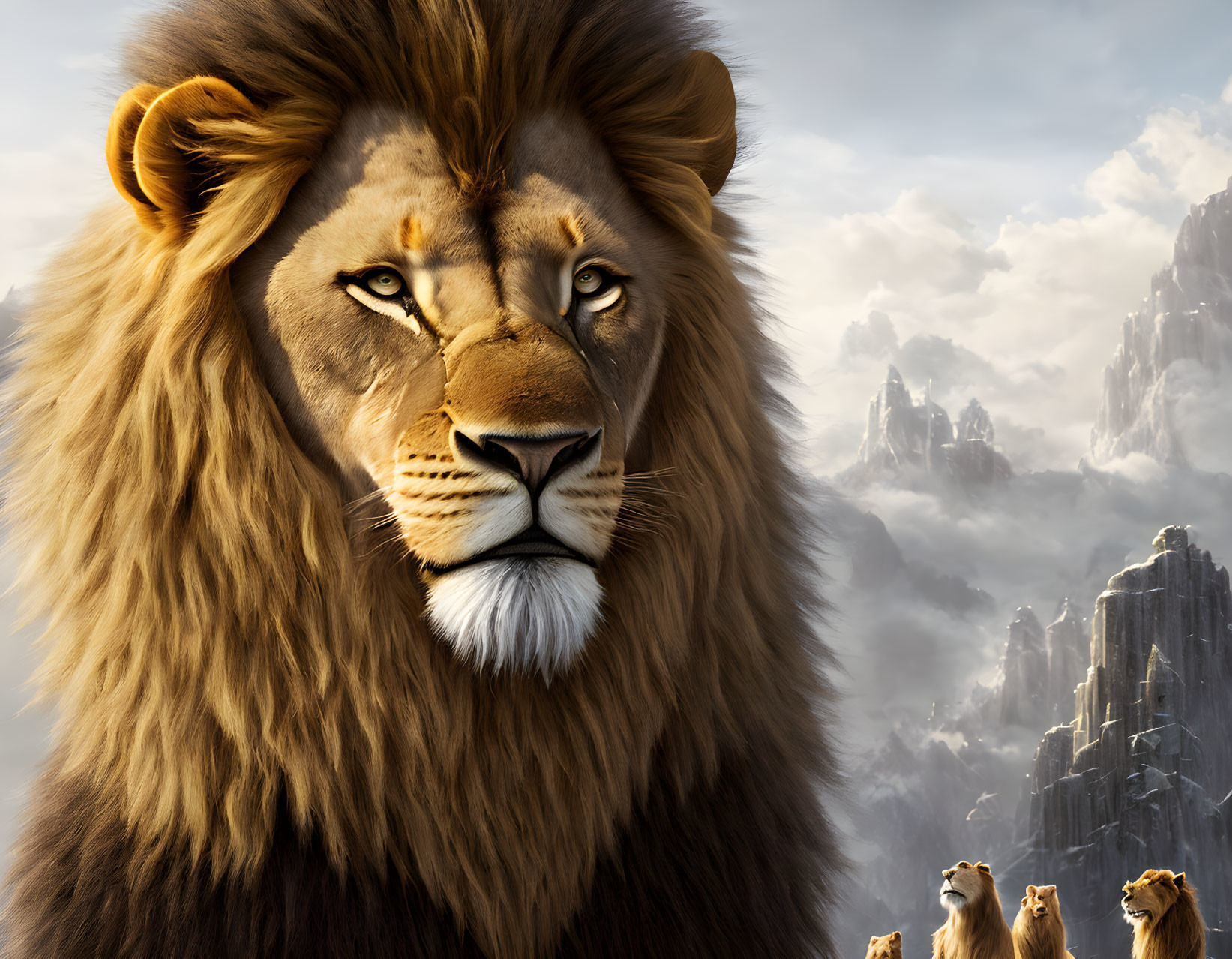 Detailed Illustration of Male Lion with Pride in Mountainous Landscape