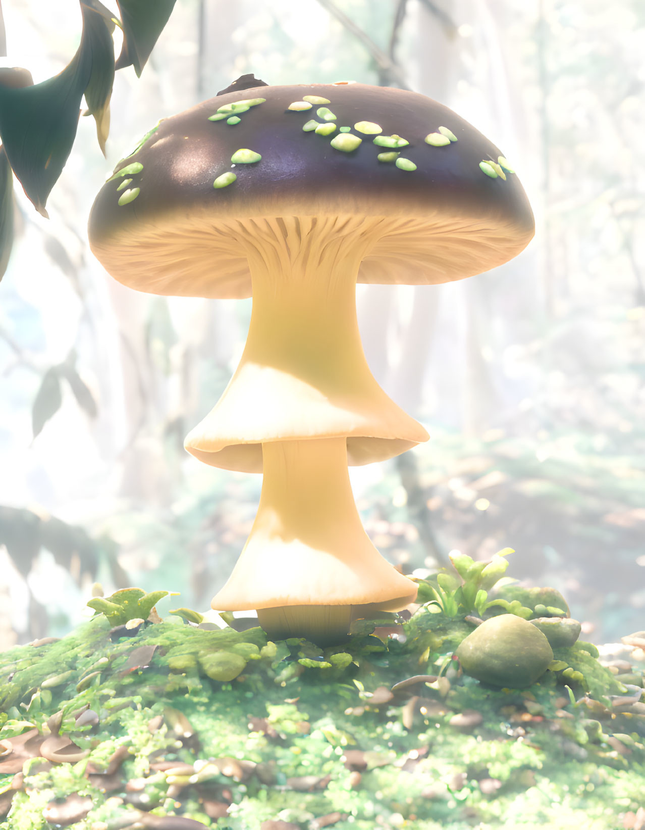 Oversized brown mushroom with green bits in misty forest