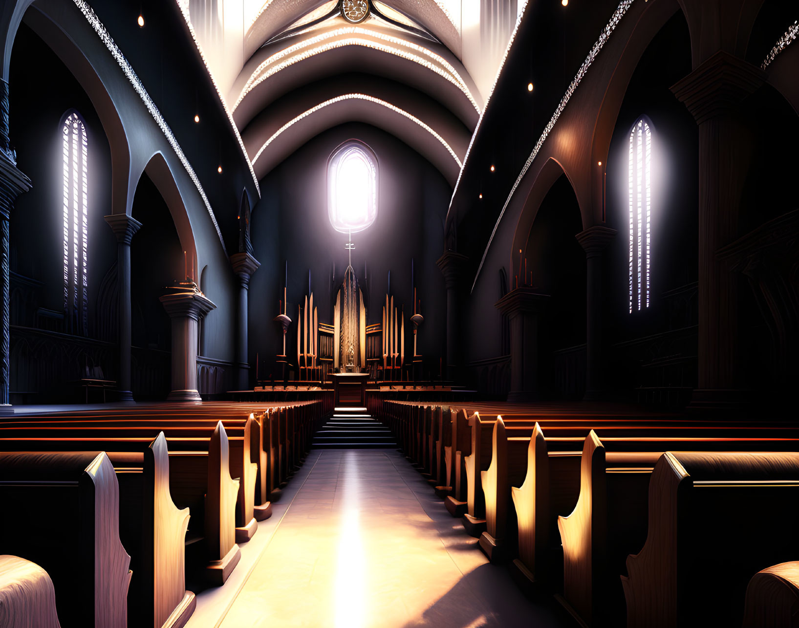 Dimly Lit Church Interior with Wooden Pews and Illuminated Altar