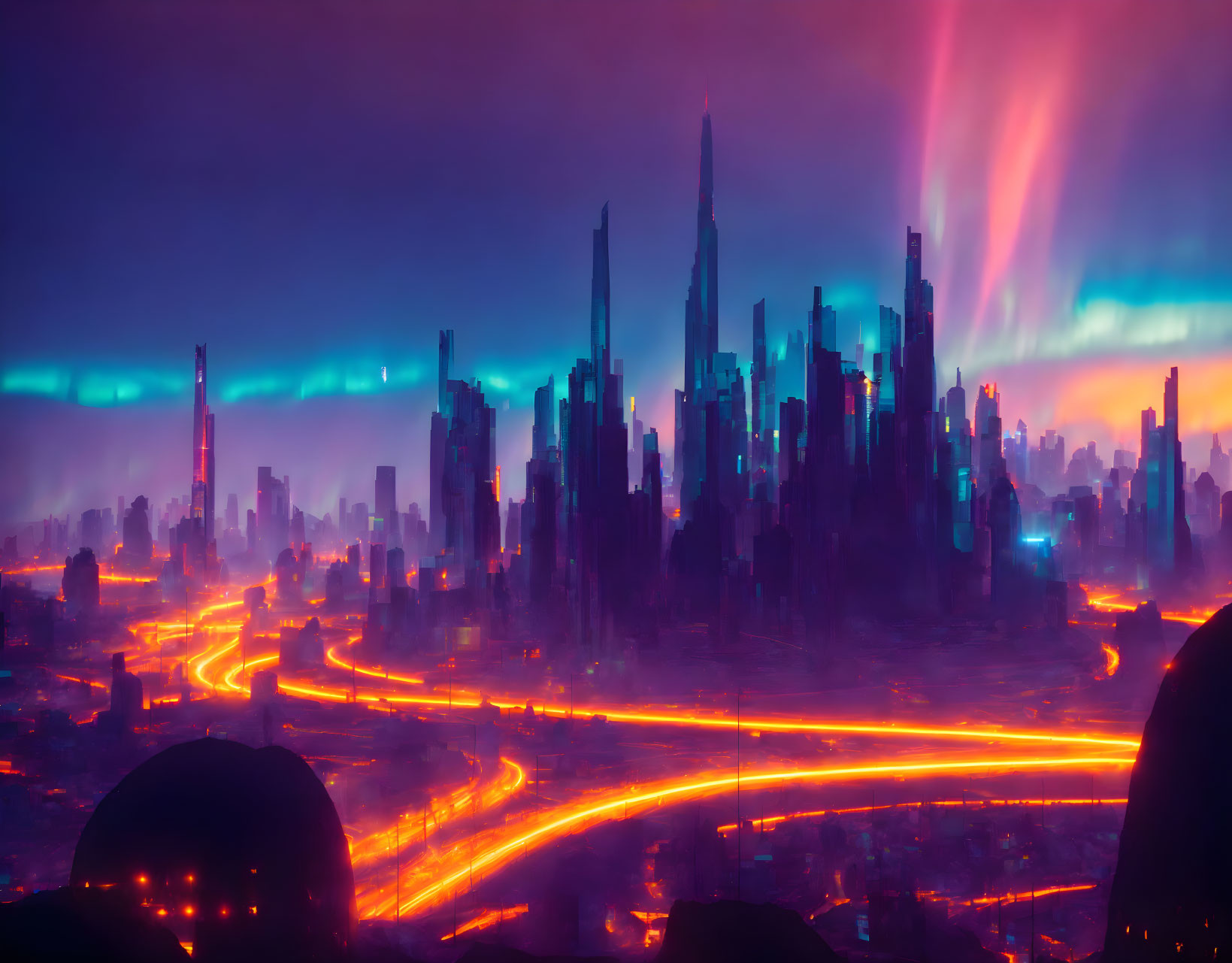 Futuristic cityscape with neon lights and aurora sky