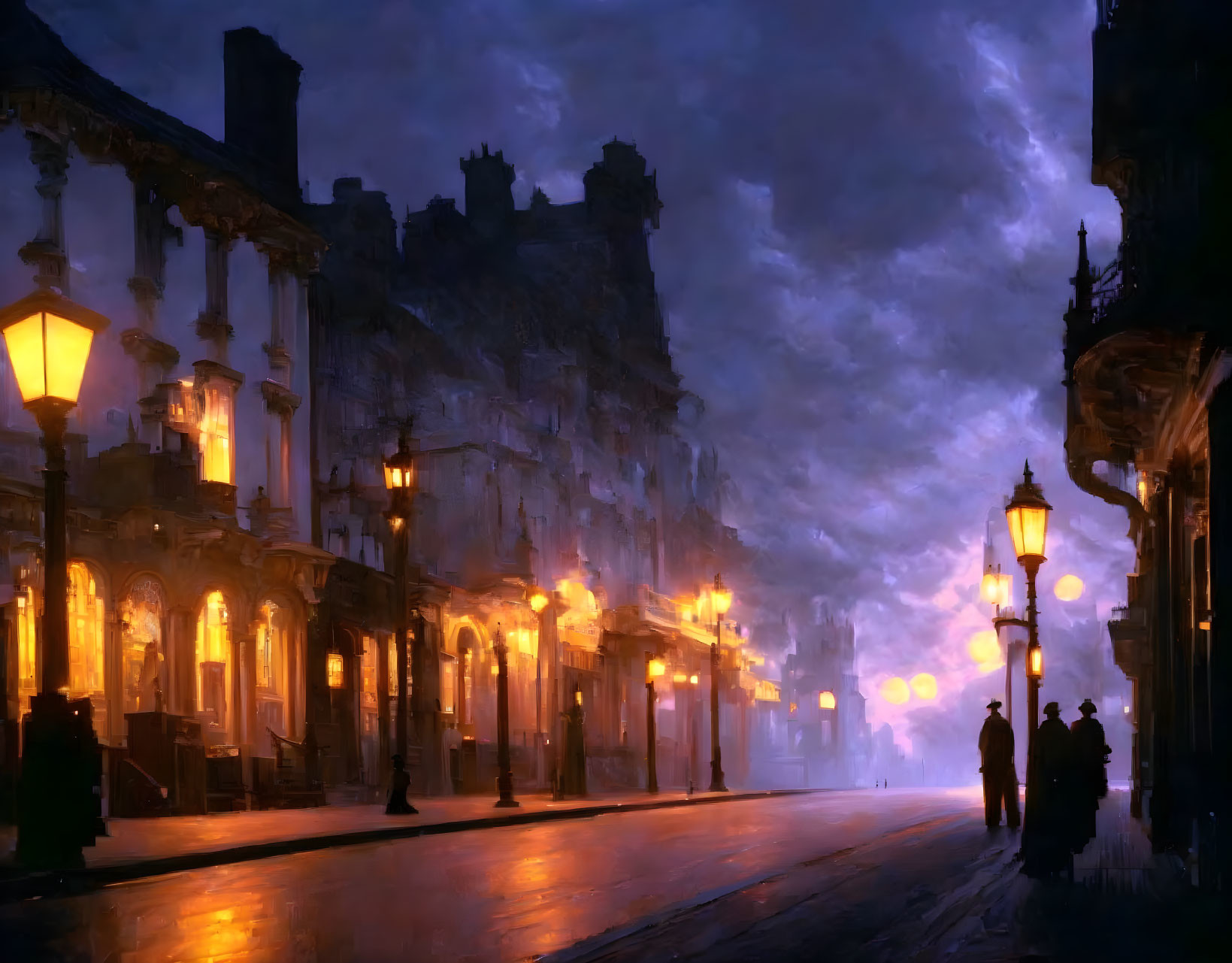 Mystical evening scene: cobbled street, glowing lamps, shadowed figures, vintage architecture.