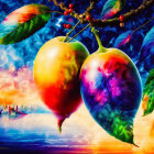 Colorful apples on branch against fiery watercolor backdrop.