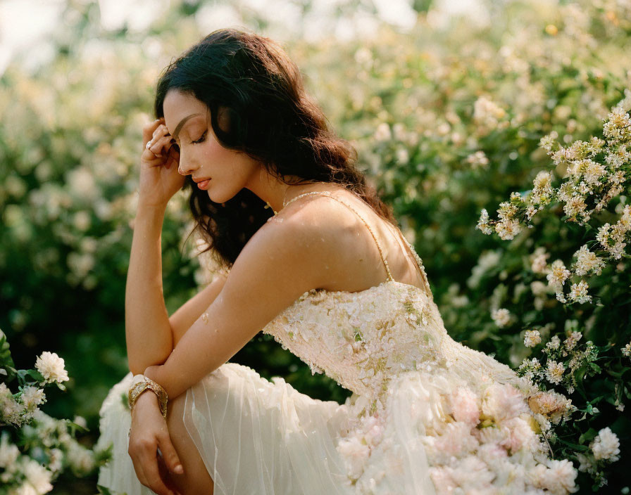 Contemplative woman in detailed white dress among white blossoms and sunlight.