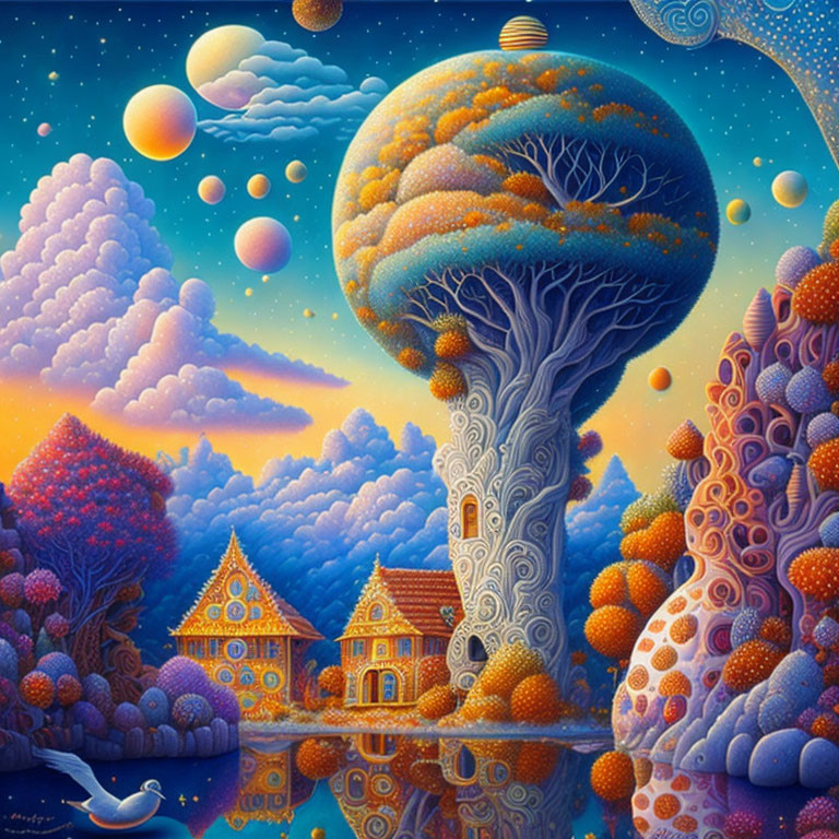Whimsical painting featuring mushroom-shaped tree and vibrant houses