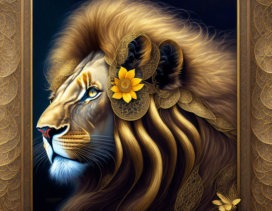 Golden-maned lion with ornate patterns and flower on dark background