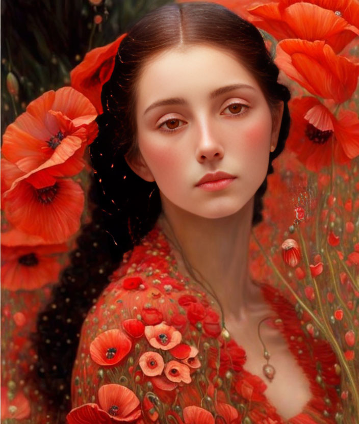 Fair-skinned woman in red poppy garden with floral attire and hair accents