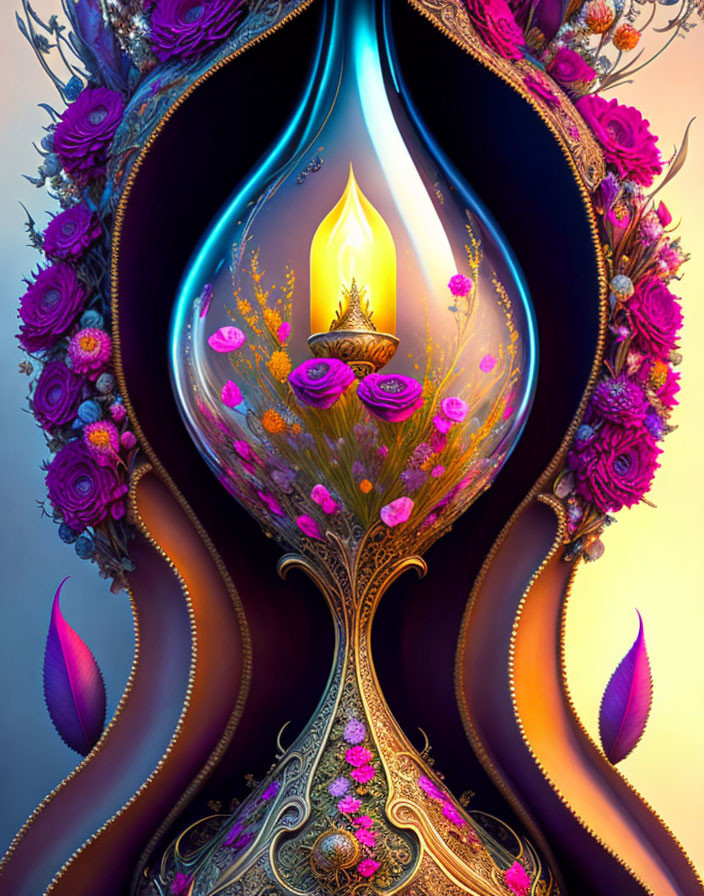 Ornate candle with flame surrounded by colorful flowers and elegant designs
