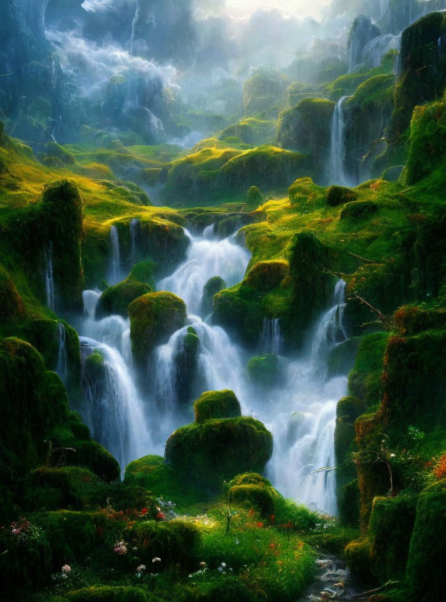 Serene river with multiple waterfalls in lush green landscape