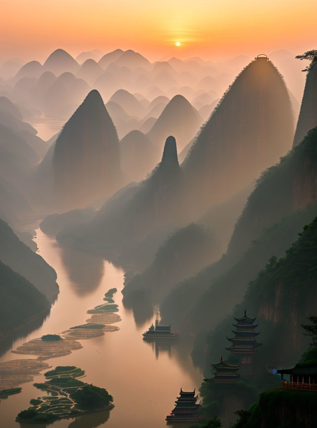 Misty river sunrise with karst mountains and pagodas