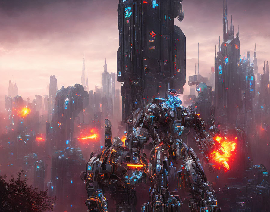 Giant robot in futuristic cityscape with neon lights and fiery explosions