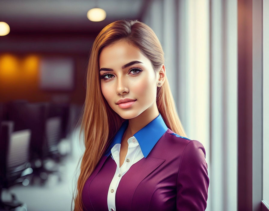 Blonde woman in purple blazer with blue collar in office setting