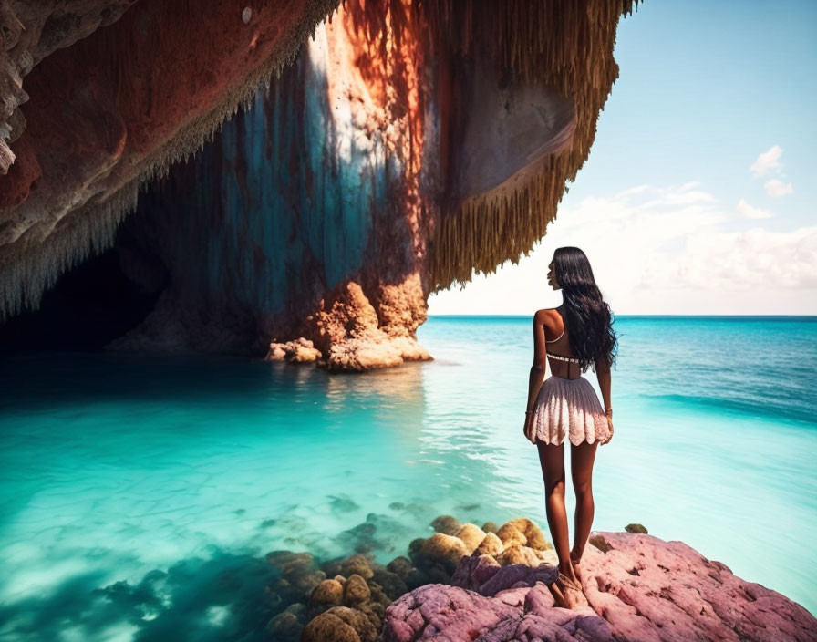 Woman on Pink Rocky Shore Gazes at Turquoise Sea Below Overhanging Cliff