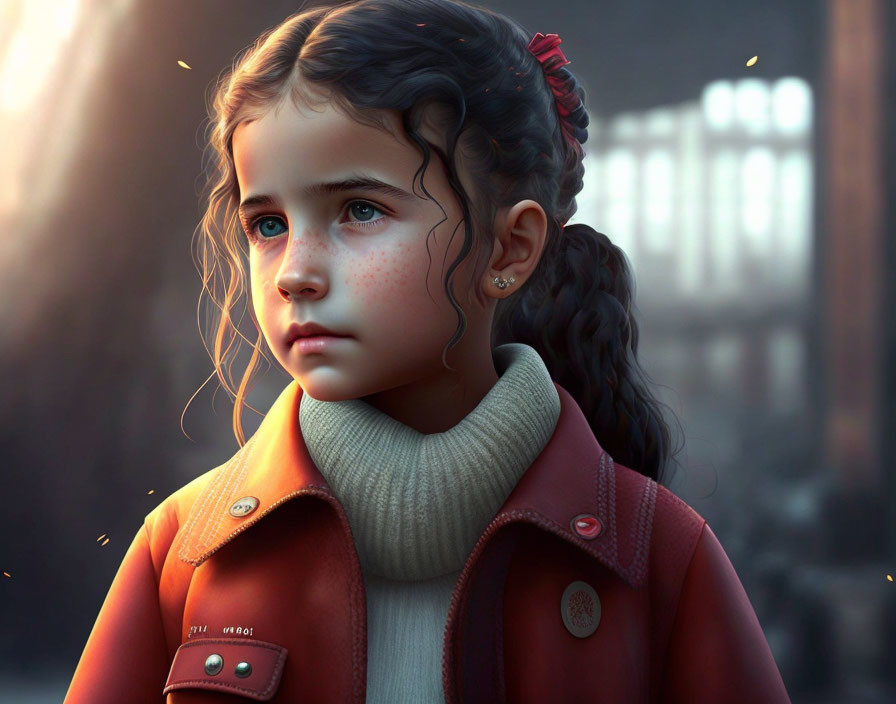 Young girl with braided hair in red coat and turtleneck sweater, appearing thoughtful.